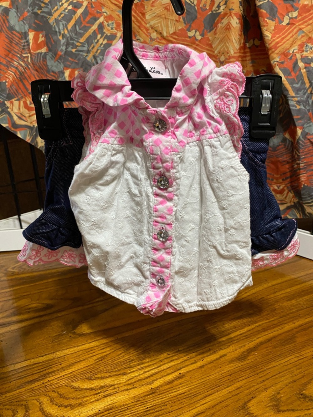 Little Lass White Pink Eyelet Button top blue skort matching pink eyelet lace